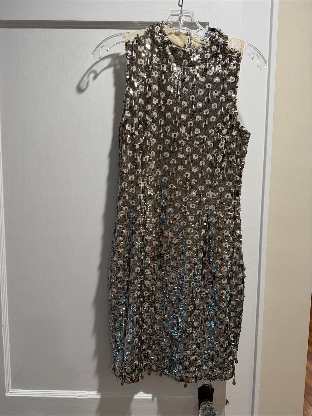 French Connection Silver Sequin Sleeveless Shift Dress